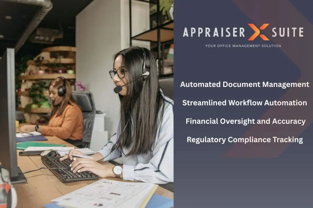 Two headset-wearing office staff work at desks with computers and paperwork; a sidebar lists Appraiser X Suite features: automated document management, workflow automation, financial oversight, and compliance tracking.