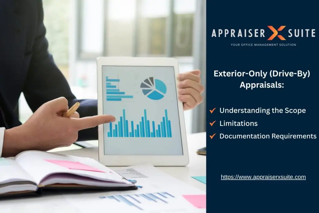 Two professionals discuss data on a tablet with charts. Text explains exterior-only appraisals, including scope and documentation requirements.