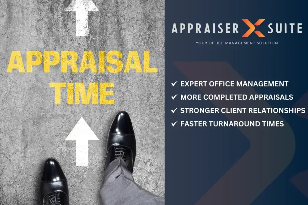 Black dress shoes stand on a concrete surface with bold yellow text reading “APPRAISAL TIME”; sidebar lists benefits like expert office management and faster turnaround.