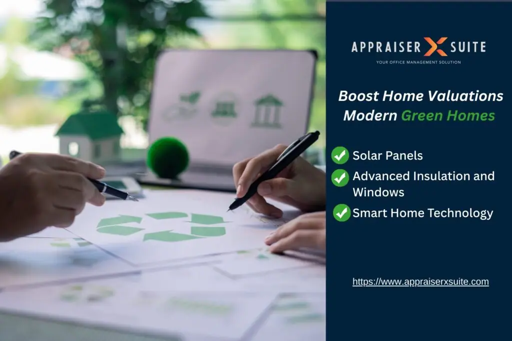 Hands point to a paper with a recycling symbol near a model house with a green roof. Text promotes green home features that boost valuation.