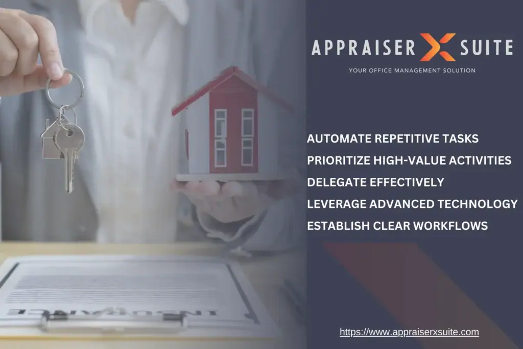 Hands hold a house keychain and a small model house above a clipboard labeled “INSURANCE”; text lists Appraiser X Suite features like task automation, delegation, and workflow clarity.