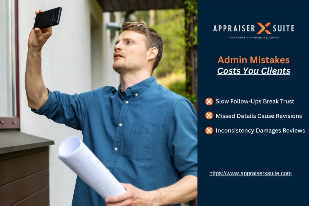 A man holds a smartphone and rolled papers while inspecting a building. Text warns that admin mistakes like slow follow-ups can cost clients.