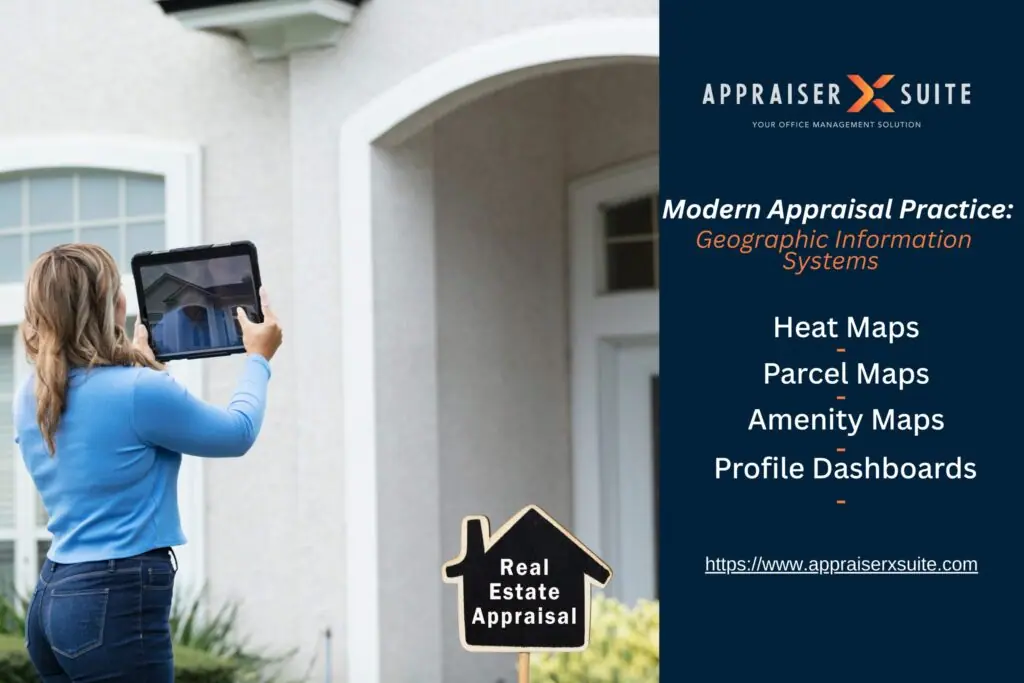 A person uses a tablet to photograph a house. Text promotes GIS tools in Appraiser X Suite, including heat maps and profile dashboards.