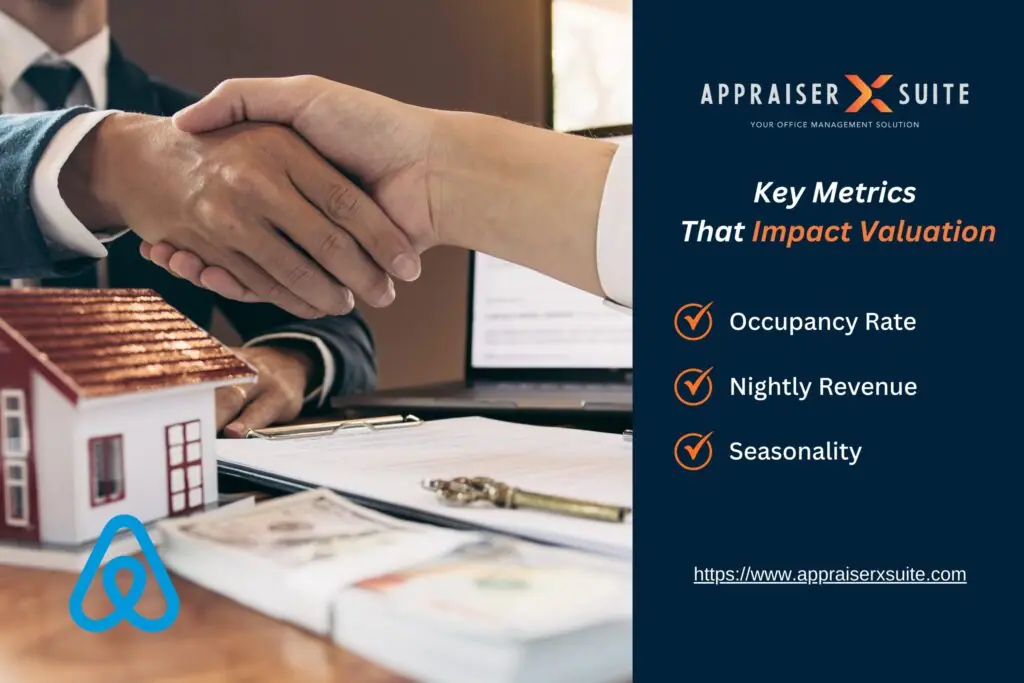 Two people shake hands over a table with real estate documents and a model house. Text lists short-term rental metrics like occupancy rate and nightly revenue.