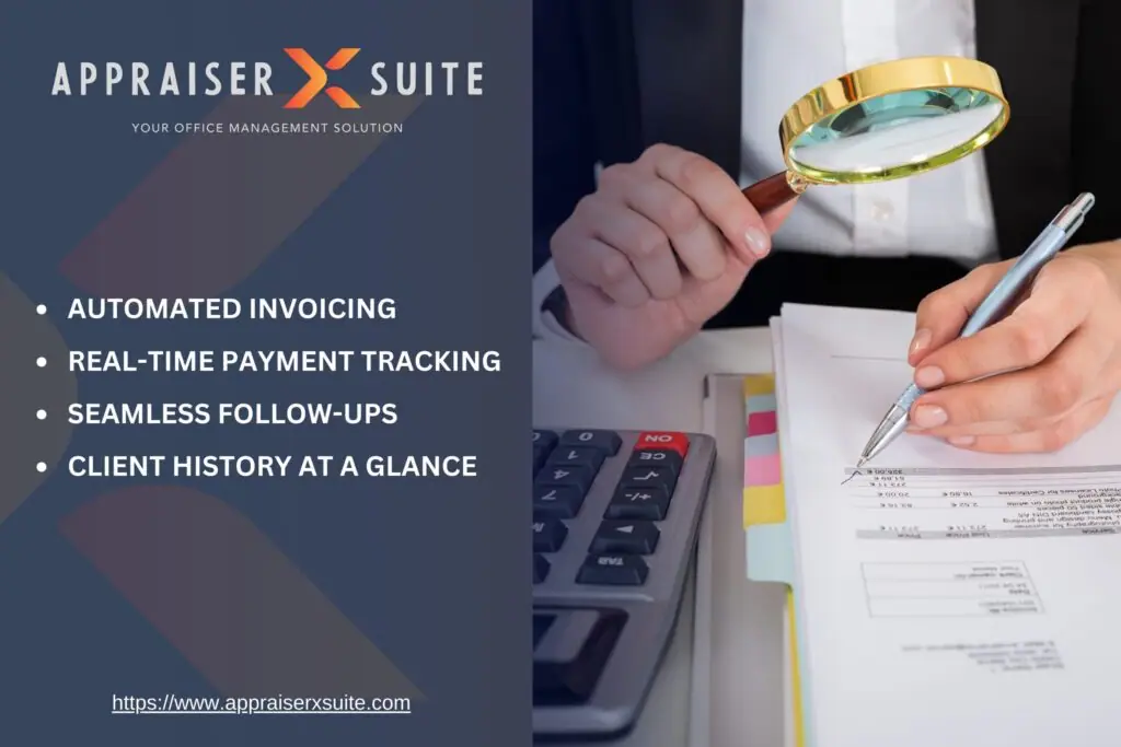 A person examines documents with a magnifying glass and pen. Text highlights Appraiser X Suite’s invoicing and payment tracking features.