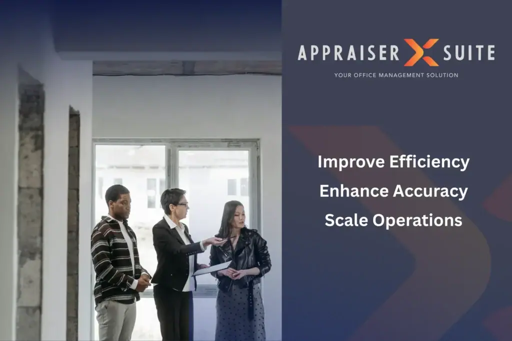 Three people stand in a bright office space; text promotes Appraiser X Suite’s ability to improve efficiency, enhance accuracy, and scale operations.