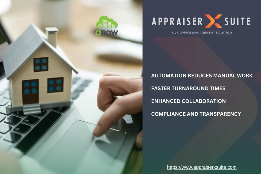A hand uses a laptop with a model house placed on the keyboard; text highlights Appraiser X Suite benefits like automation, faster turnaround, collaboration, and compliance.
