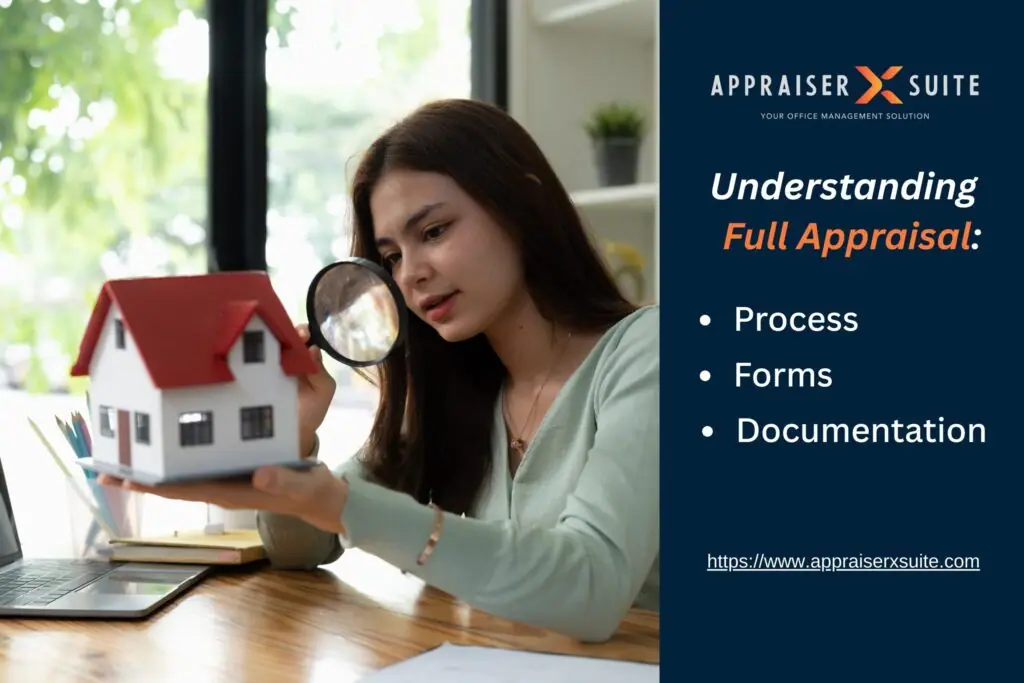 A woman examines a model house with a magnifying glass at a desk. Text outlines full appraisal components: process, forms, and documentation.